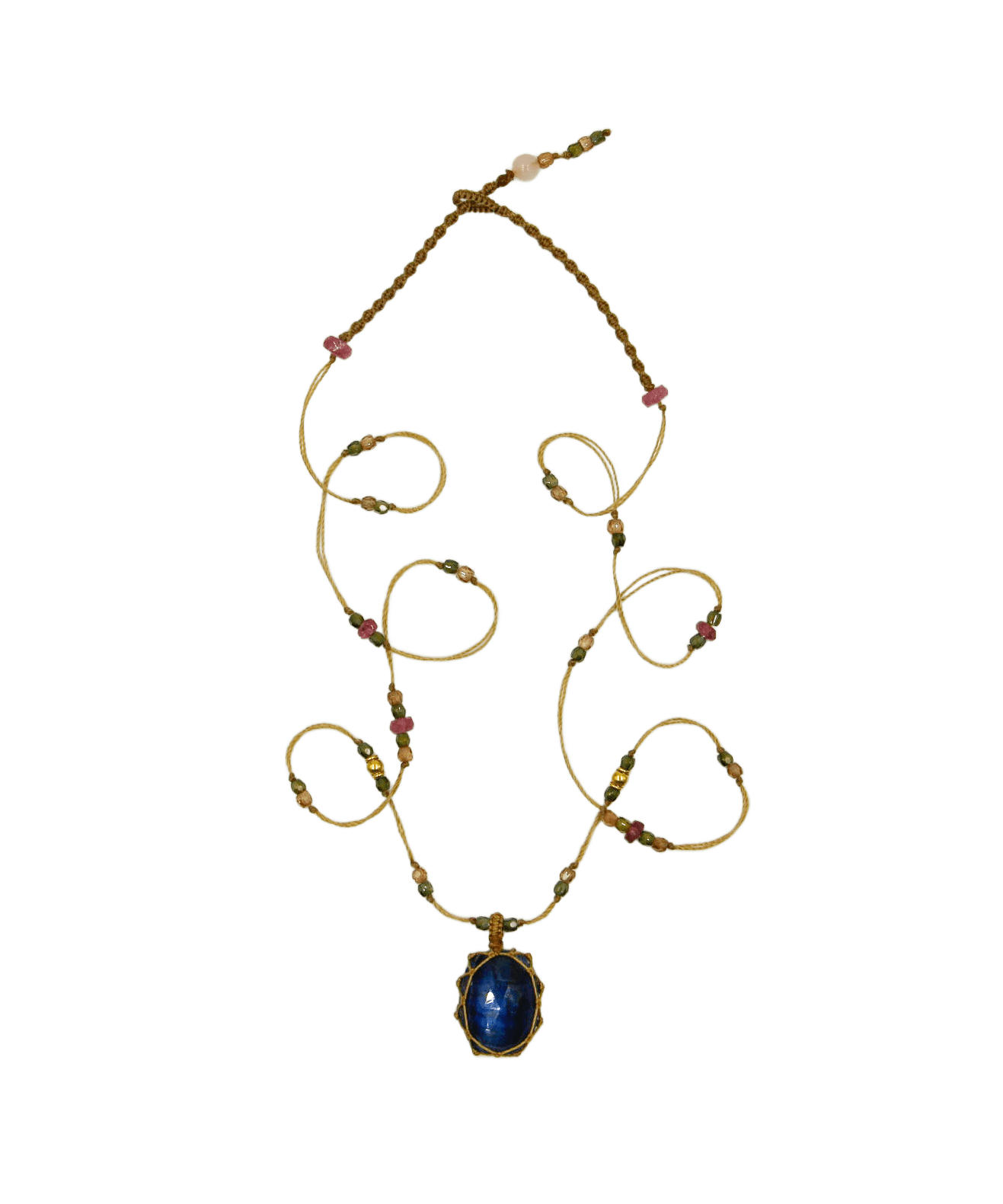 Collier Court Tibétain Sharing en Labradorite, fil beige