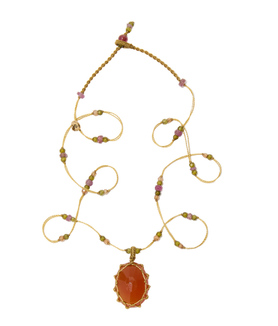 Collana Corta Tibetana - Onice Arancione - Mix Tormalina Rosa - Filo Beige
