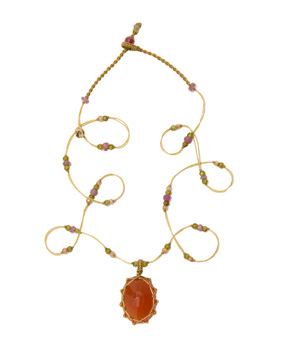 Collier Court Tibétain - Onyx Orange - Mix Tourmaline Rose - Fil Beige