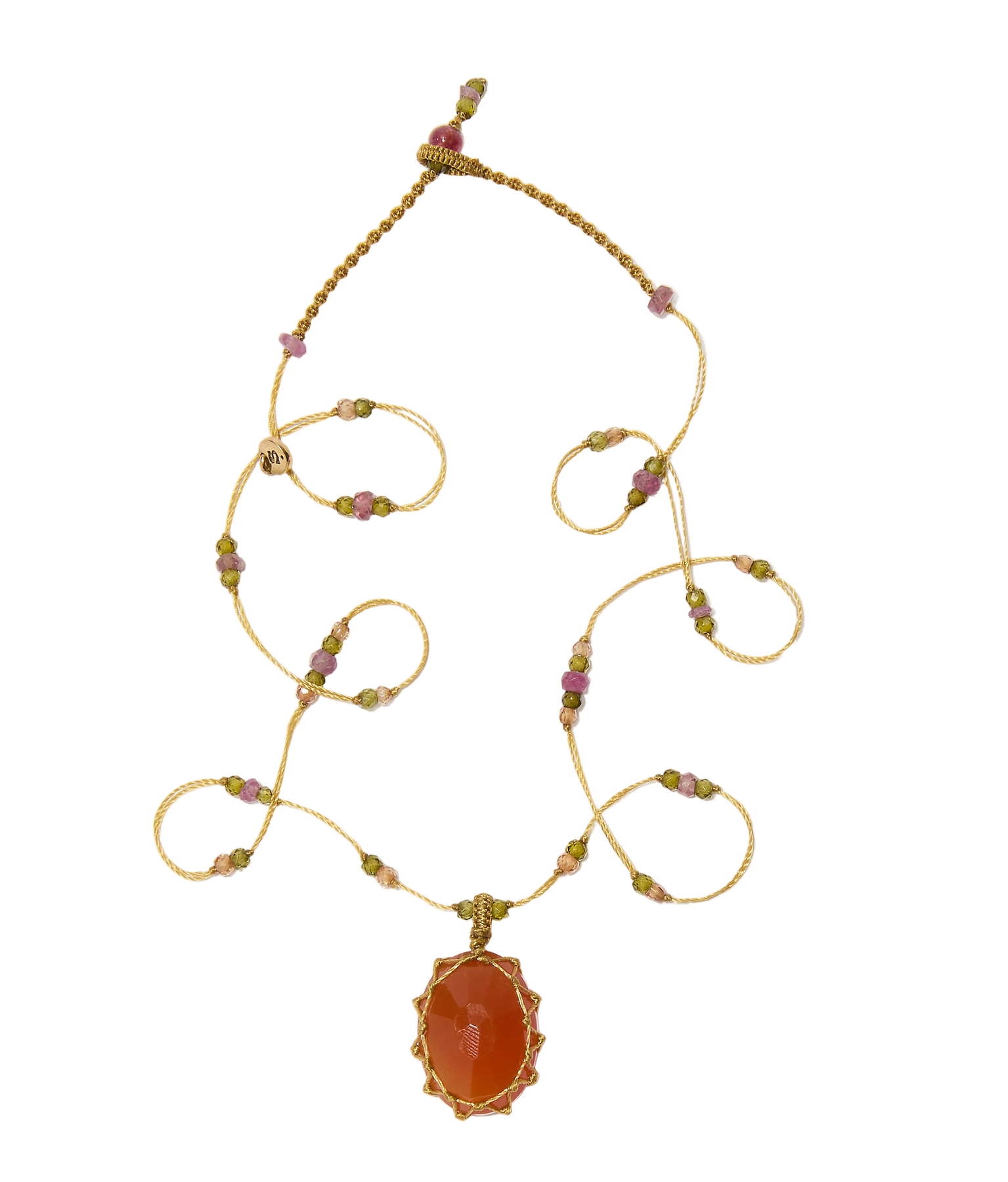 Short Tibetan Necklace - Orange Onyx - Rose Tourmaline Mix - Beige Thread
