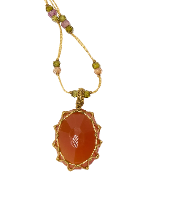 Collier Court Tibétain - Onyx Orange - Mix Tourmaline Rose - Fil Beige