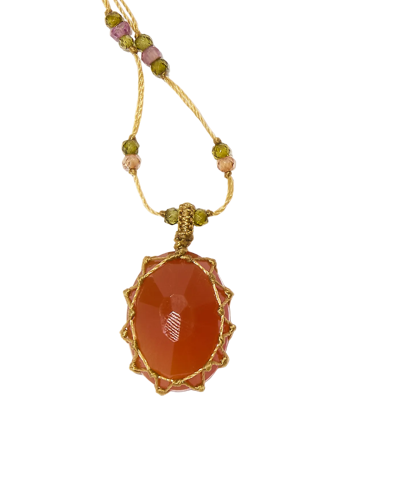 Short Tibetan Necklace - Orange Onyx - Rose Tourmaline Mix - Beige Thread