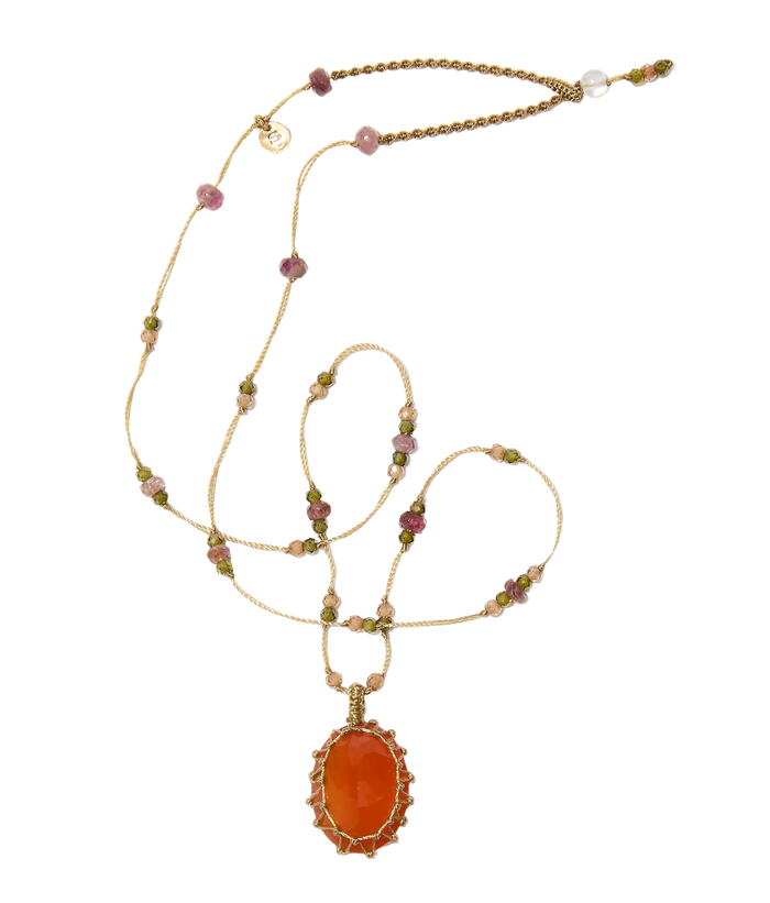 Collier Court Tibétain - Onyx Orange - Mix Tourmaline Rose - Fil Beige