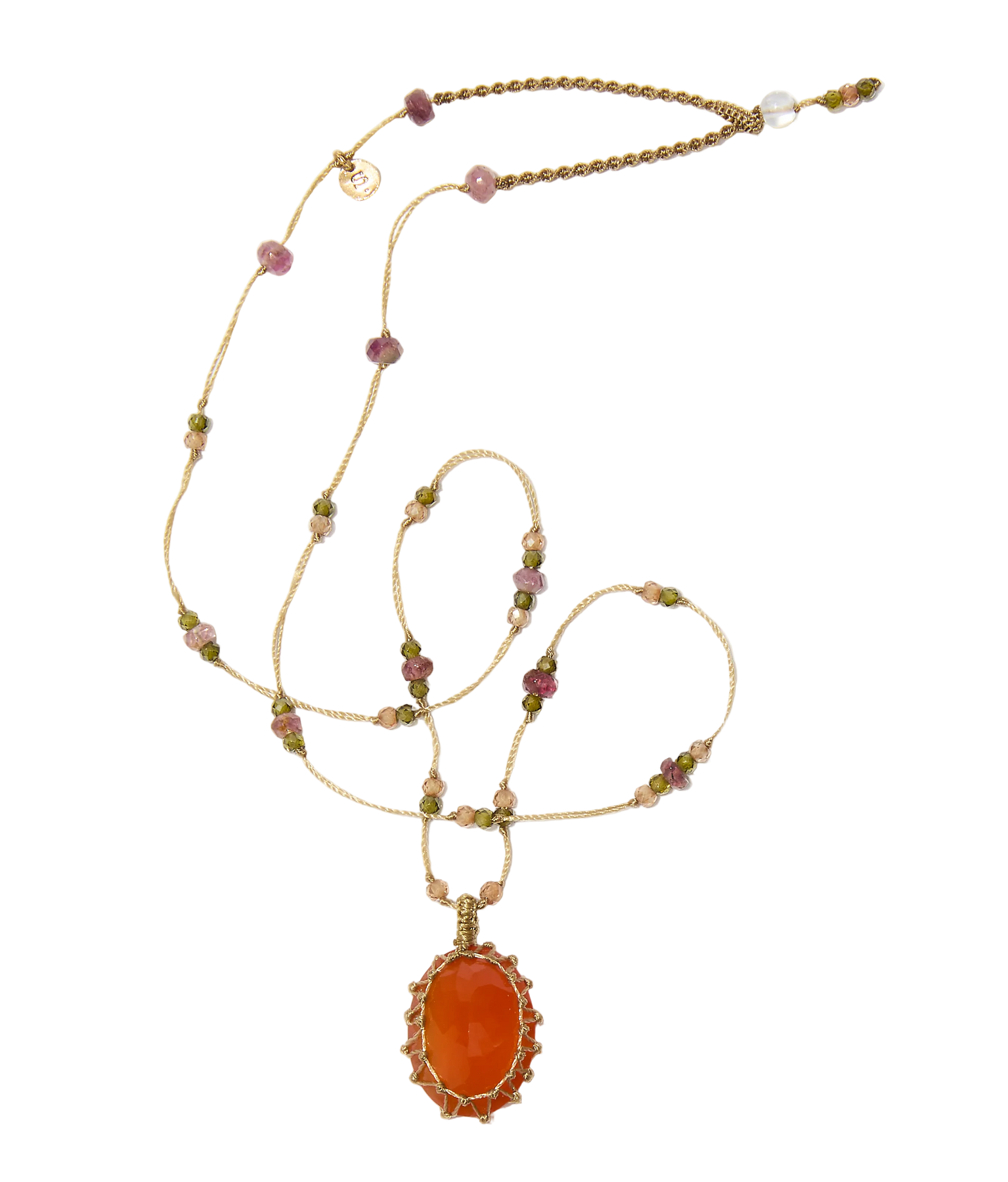 Collier Court Tibétain - Onyx Orange - Mix Tourmaline Rose - Fil Beige
