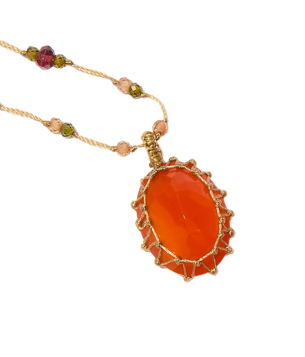 Short Tibetan Necklace - Orange Onyx - Rose Tourmaline Mix - Beige Thread