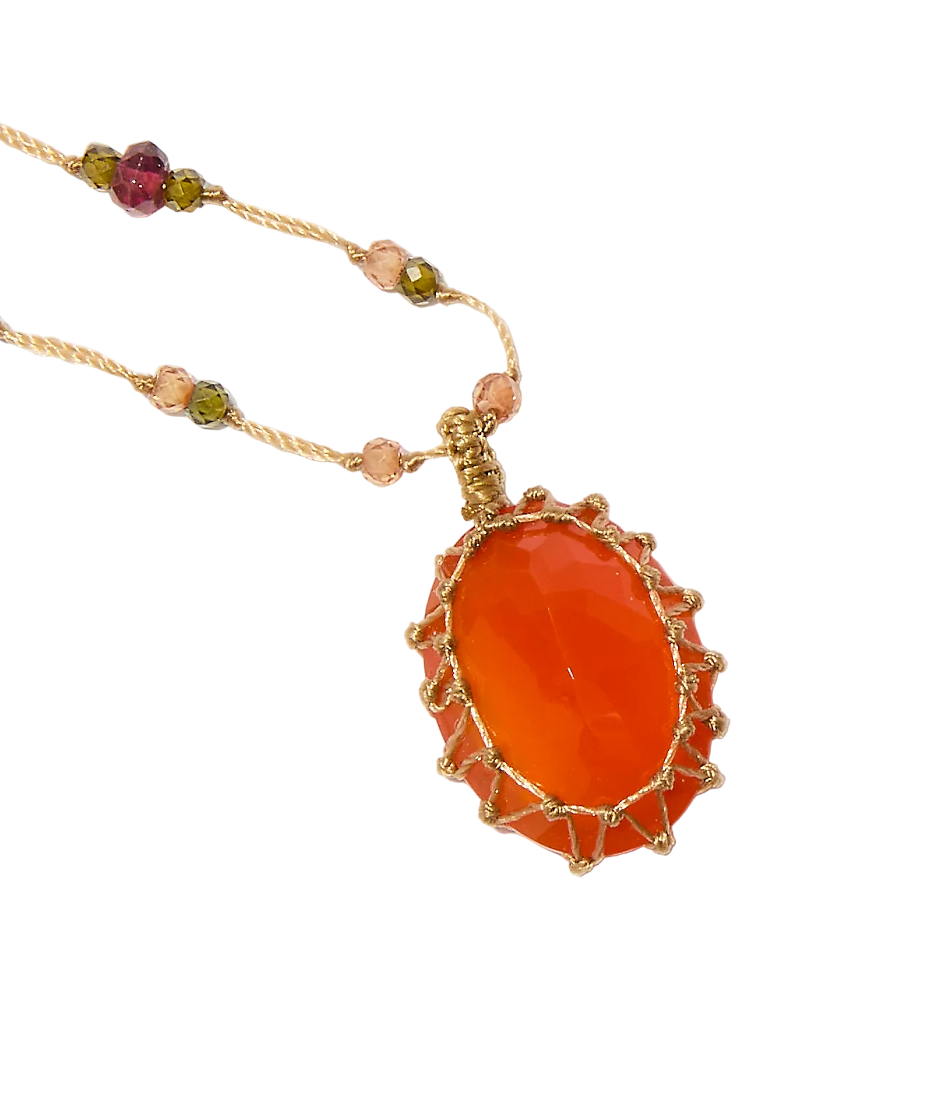 Collier Court Tibétain - Onyx Orange - Mix Tourmaline Rose - Fil Beige