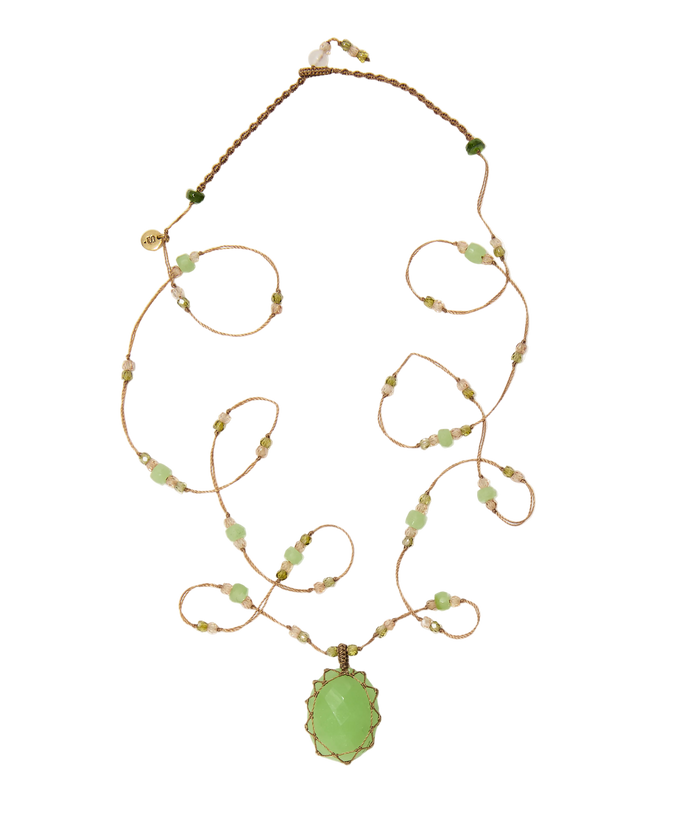 Short Tibetan Necklace - Chrysoprase - Chrysoprase Mix - Beige Thread