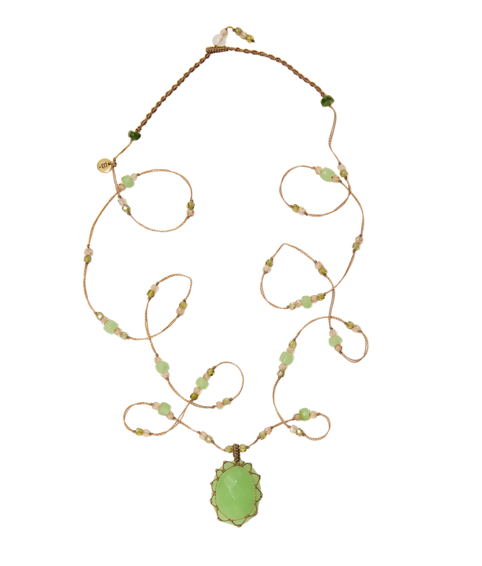 Collier court tibétain - Chrysoprase - Mix Chrysoprase - Fil Beige