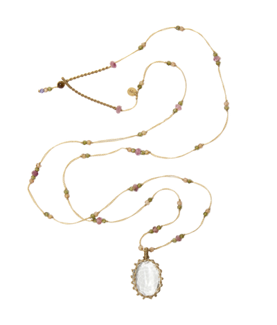 Sautoir Tibétain - Crystal Quartz - Mix Tourmaline Rose - Fil Beige