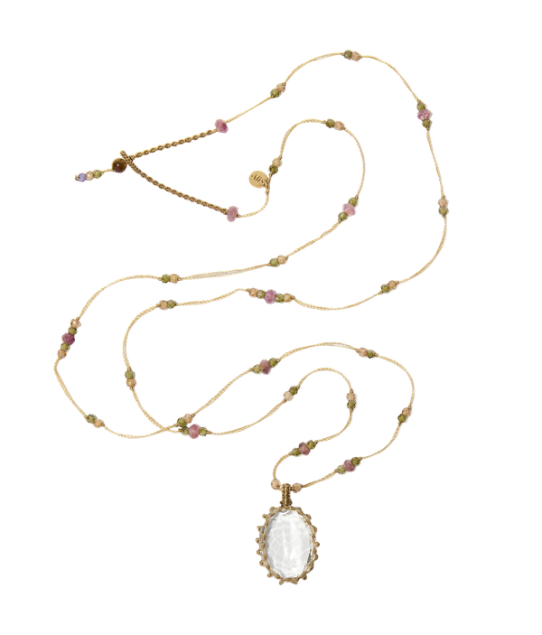 Sautoir Tibétain - Crystal Quartz - Mix Tourmaline Rose - Fil Beige