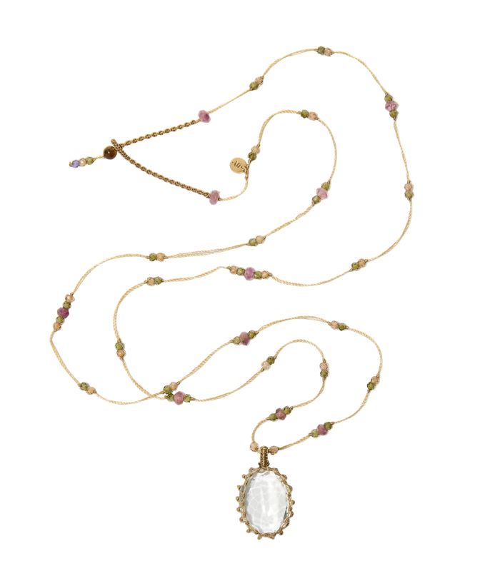 Sautoir Tibétain - Crystal Quartz - Mix Tourmaline Rose - Fil Beige