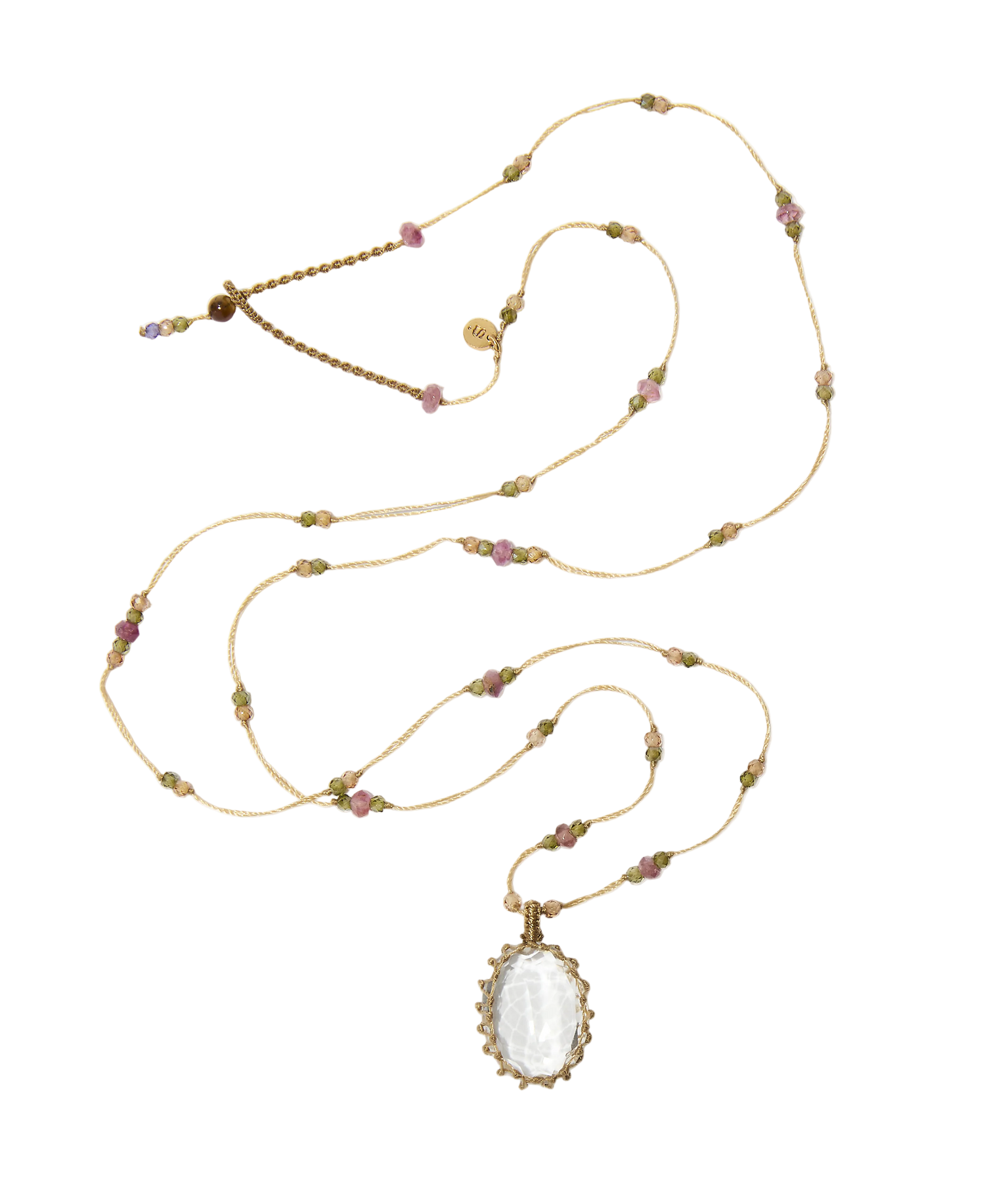 Sautoir Tibétain - Crystal Quartz - Mix Tourmaline Rose - Fil Beige