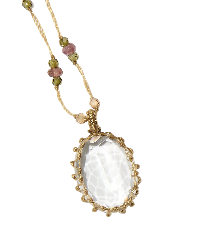 Sautoir Tibétain - Crystal Quartz - Mix Tourmaline Rose - Fil Beige