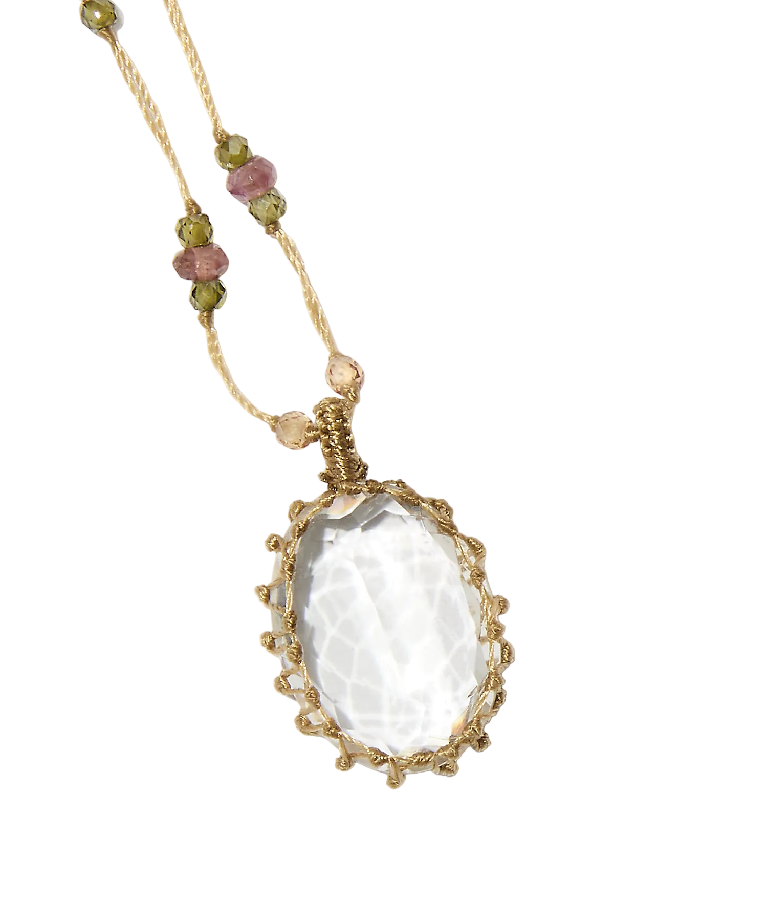 Sautoir Tibétain - Crystal Quartz - Mix Tourmaline Rose - Fil Beige