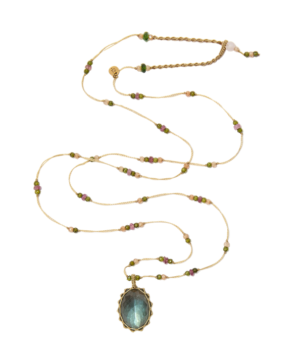 Sautoir Tibétain - Labradorite - Mix Tourmaline Rose - Fil Beige
