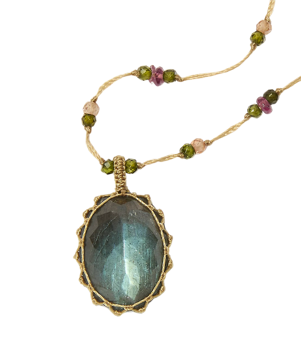 Sautoir Tibétain - Labradorite - Mix Tourmaline Rose - Fil Beige