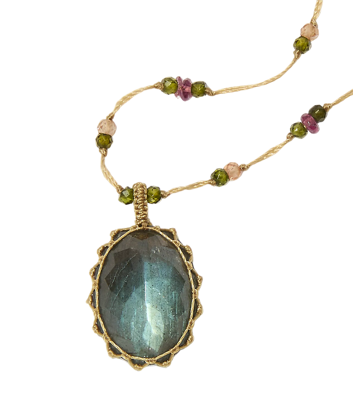 Sautoir tibetano - Labradorite - Mix zaffiro viola - Filo color tabacco
