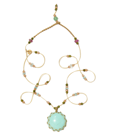 Collier Court Tibétain - Turquoise - Mix Aigue Marine - Fil Beige