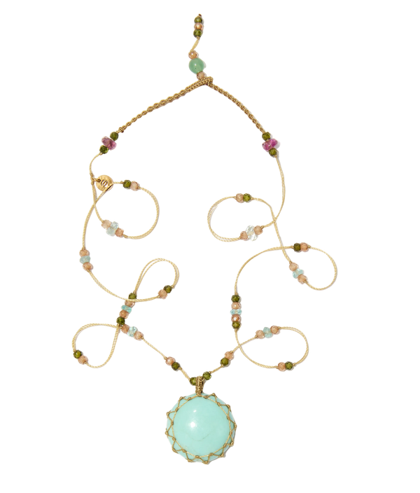 Collier Court Tibétain - Turquoise - Mix Aigue Marine - Fil Beige
