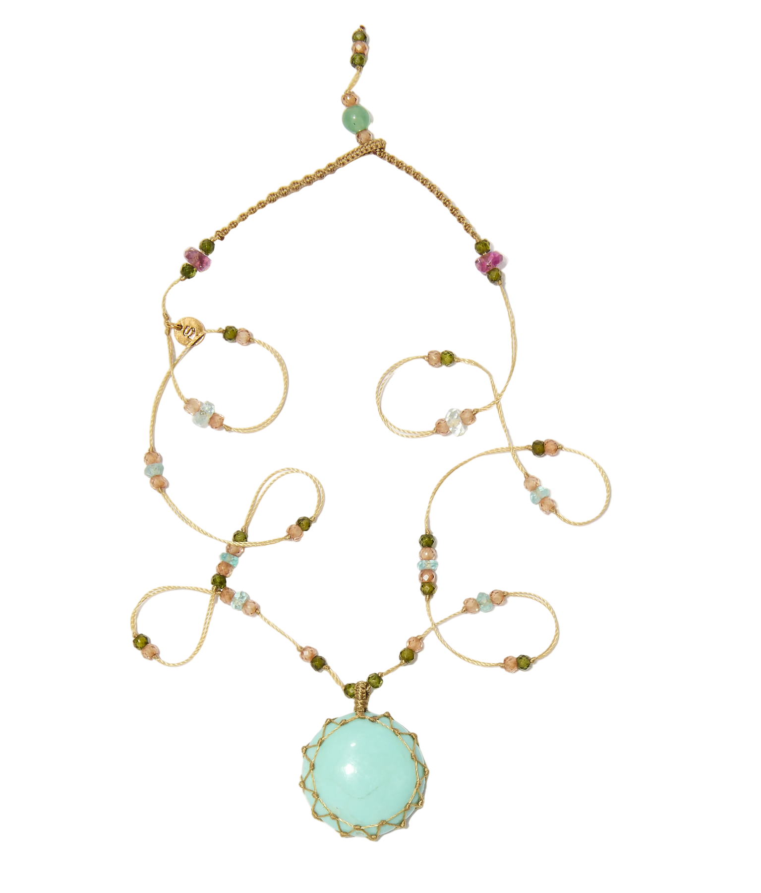 Collier Court Tibétain - Turquoise - Mix Aigue Marine - Fil Beige