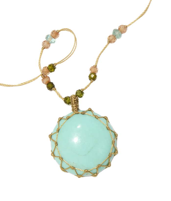 Collier Court Tibétain - Turquoise - Mix Aigue Marine - Fil Beige