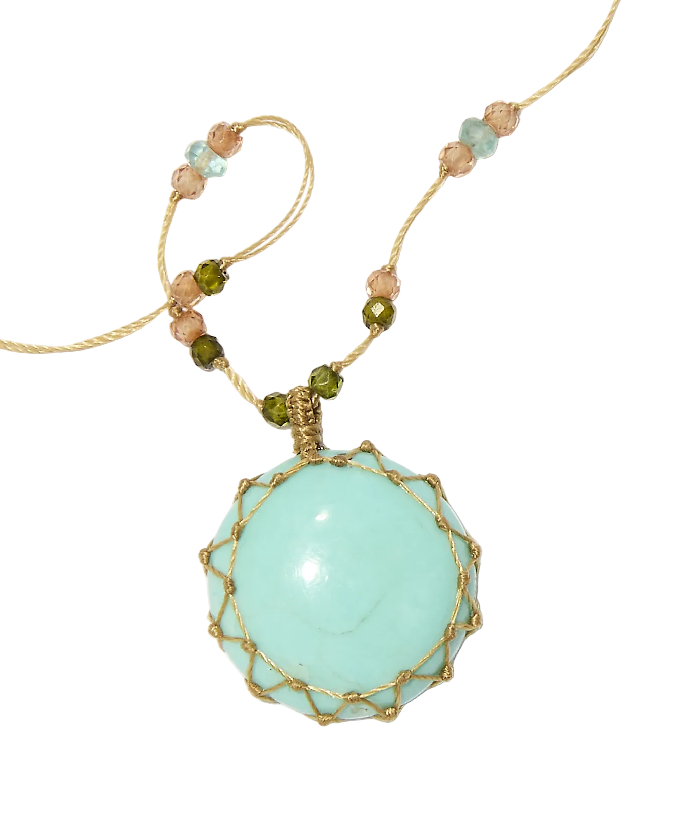 Collier Court Tibétain - Turquoise - Mix Aigue Marine - Fil Beige