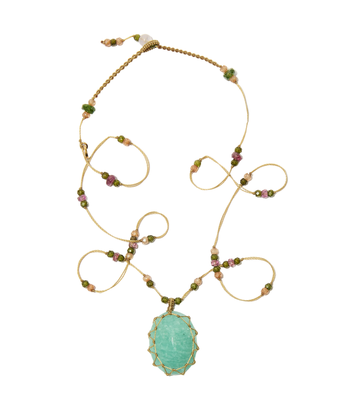Collier Court Tibétain - Amazonite - Mix Tourmaline Rose - Fil Beige