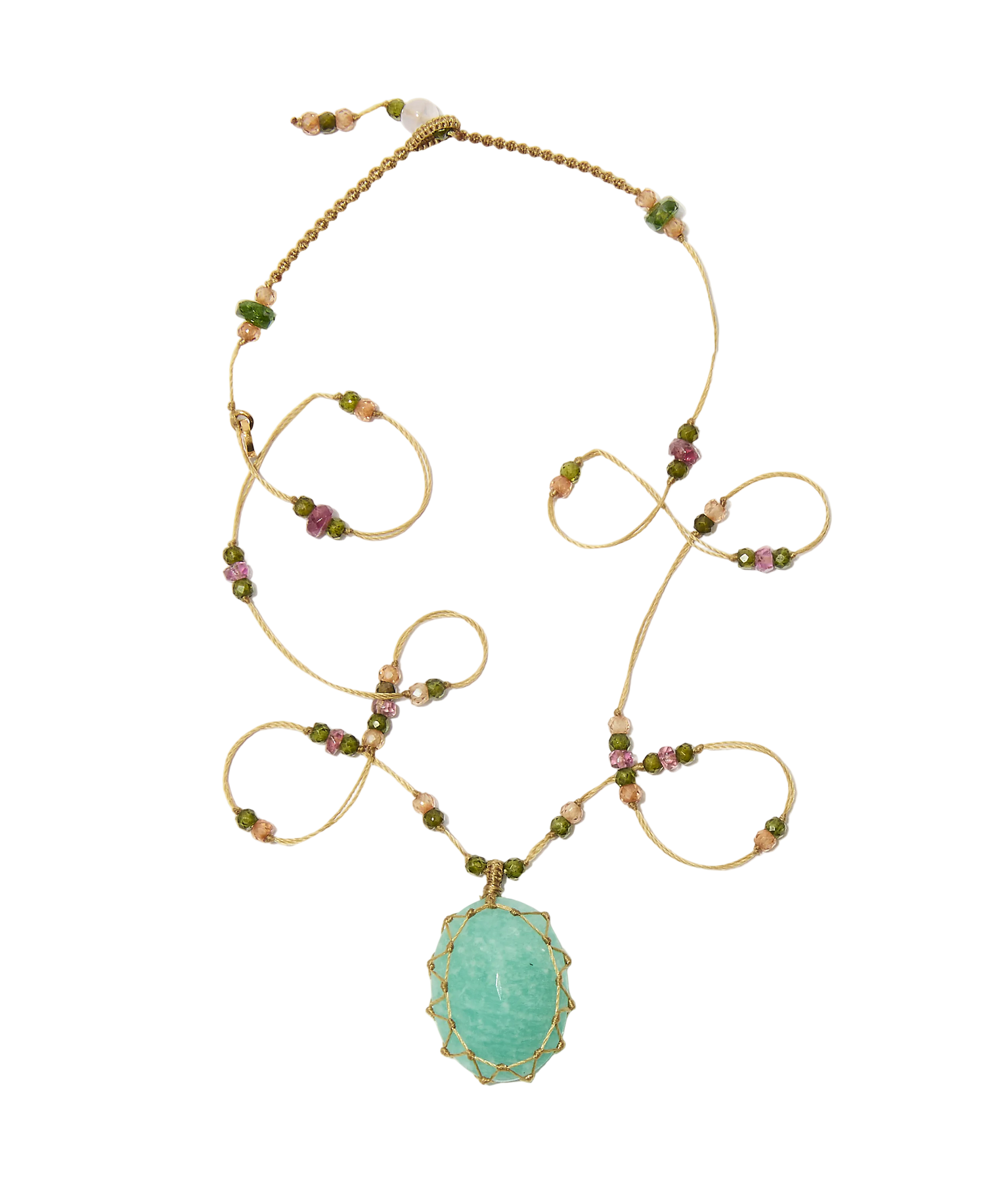 Collier Court Tibétain - Amazonite - Mix Tourmaline Rose - Fil Beige