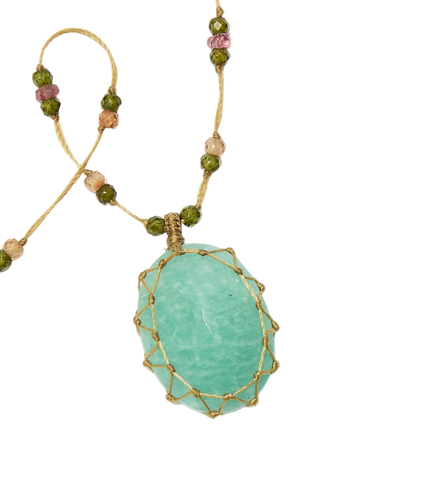 Collier Court Tibétain - Amazonite - Mix Tourmaline Rose - Fil Beige