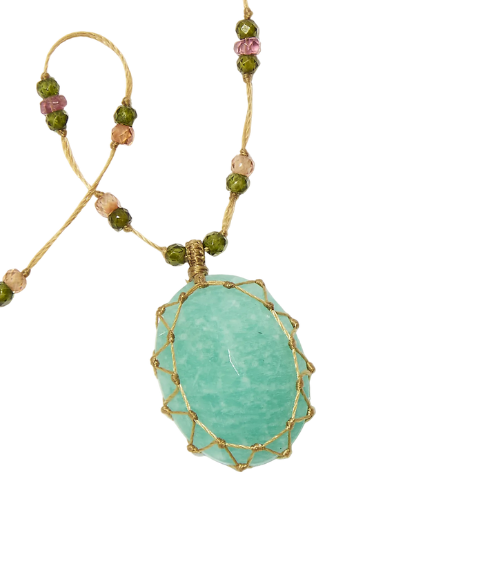 Collier Court Tibétain - Amazonite - Mix Tourmaline Rose - Fil Beige