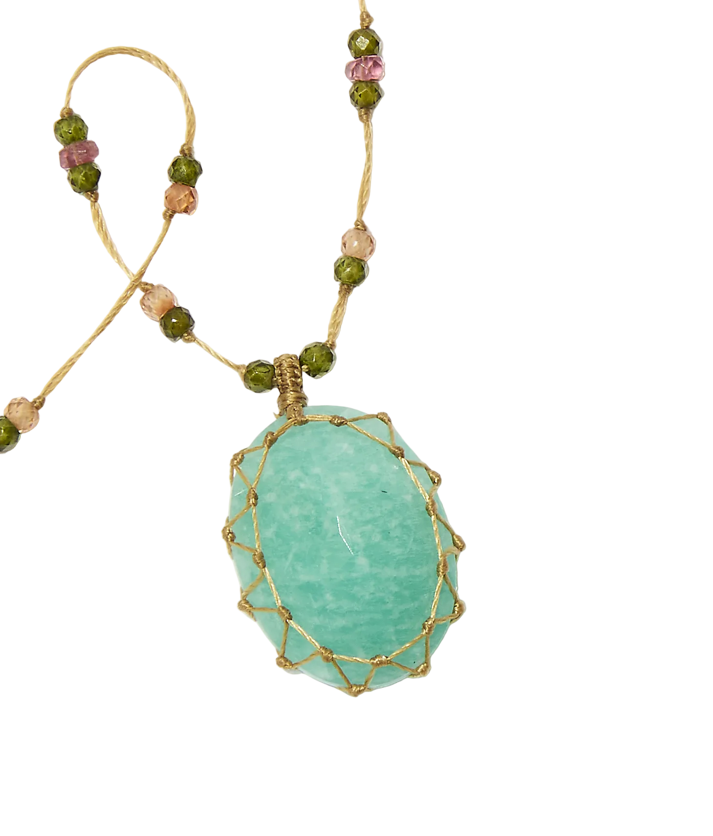 Collier Court Tibétain - Amazonite - Mix Tourmaline Rose - Fil Beige