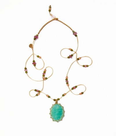 Collier Court Tibétain - Amazonite Bleue - Mix Tourmaline - Fil Beige
