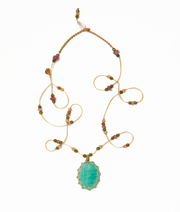 Collana Corta Tibetana - Amazonite Blu - Mix Tormalina Rosa - Filo Beige