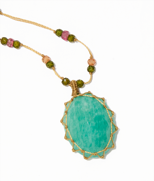 Collana Corta Tibetana - Amazonite Blu - Mix Tormalina Rosa - Filo Beige