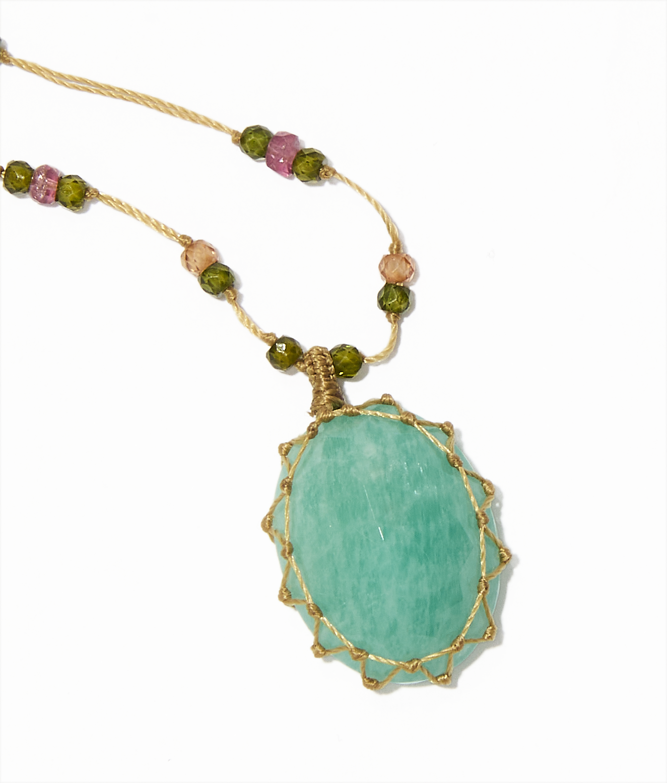 Collana Corta Tibetana - Amazonite Blu - Mix Tormalina Rosa - Filo Beige