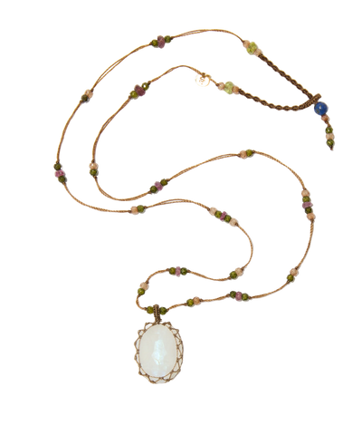Collier Court Tibétain – Moonstone Rainbow – Mix Tourmaline Rose – Fil Tabac