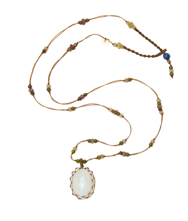 Collier Court Tibétain – Moonstone Rainbow – Mix Tourmaline Rose – Fil Tabac