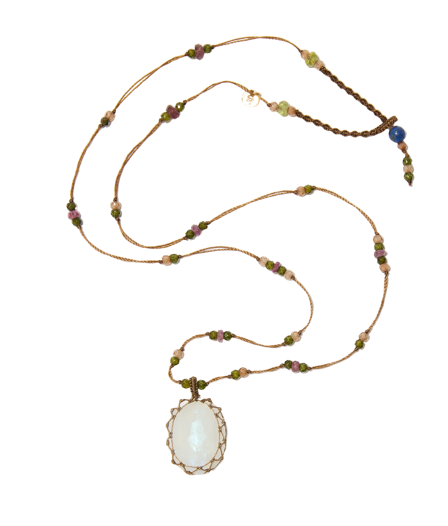 Collier Court Tibétain – Moonstone Rainbow – Mix Tourmaline Rose – Fil Tabac
