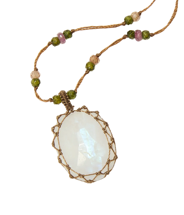 Collier Court Tibétain – Moonstone Rainbow – Mix Tourmaline Rose – Fil Tabac