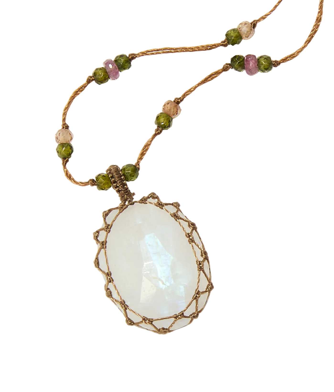 Collier Court Tibétain – Moonstone Rainbow – Mix Tourmaline Rose – Fil Tabac