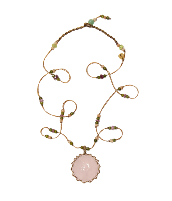 Collier court tibétain - Quartz rose Sculptée - Mix Tourmaline Rose - Fil Tabac