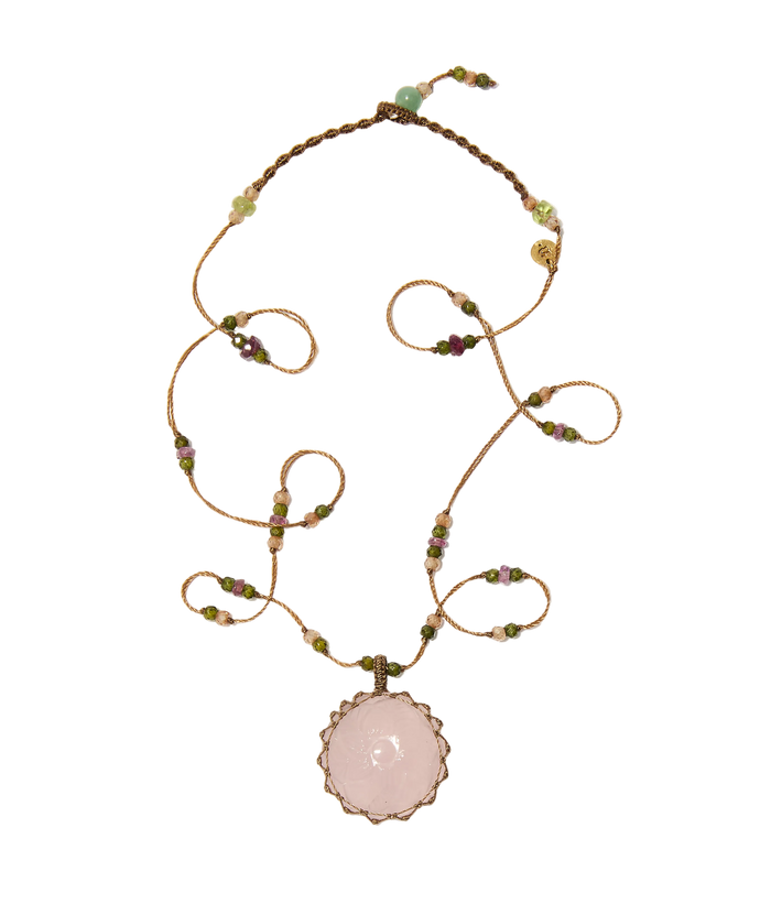 Collier court tibétain - Quartz rose Sculptée - Mix Tourmaline Rose - Fil Tabac