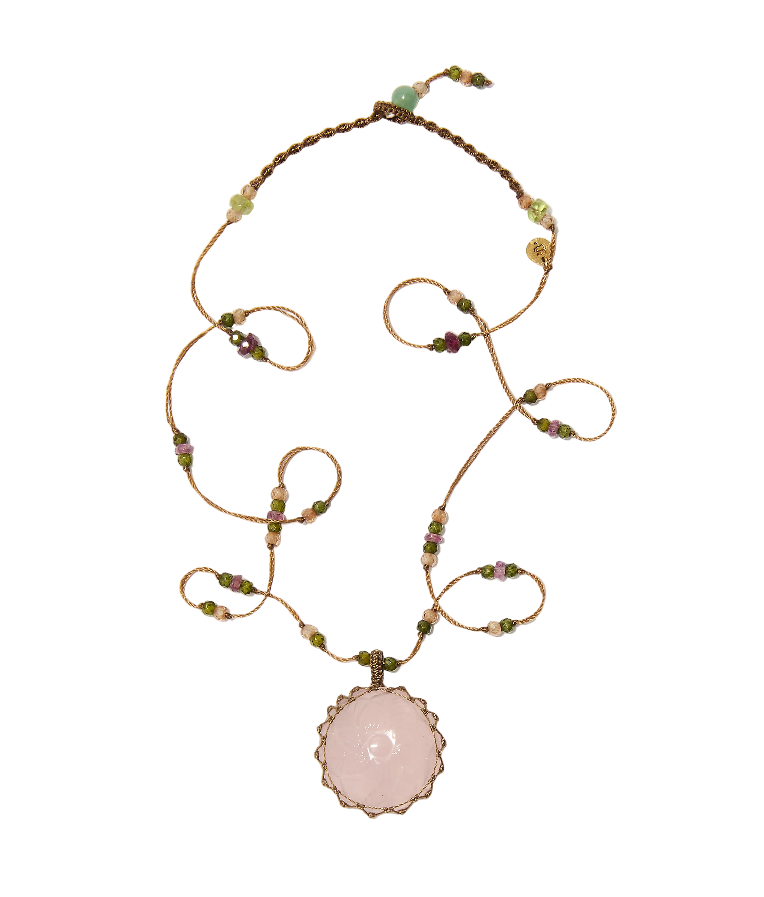 Collier court tibétain - Quartz rose Sculptée - Mix Tourmaline Rose - Fil Tabac