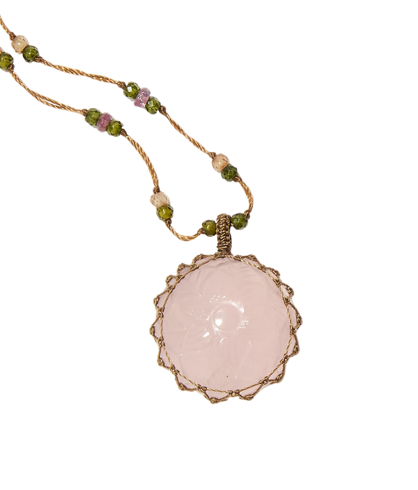 Collier court tibétain - Quartz rose Sculptée - Mix Tourmaline Rose - Fil Tabac