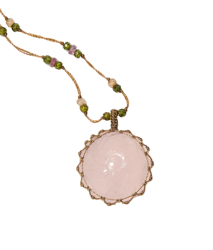 Collier court tibétain - Quartz rose Sculptée - Mix Tourmaline Rose - Fil Tabac