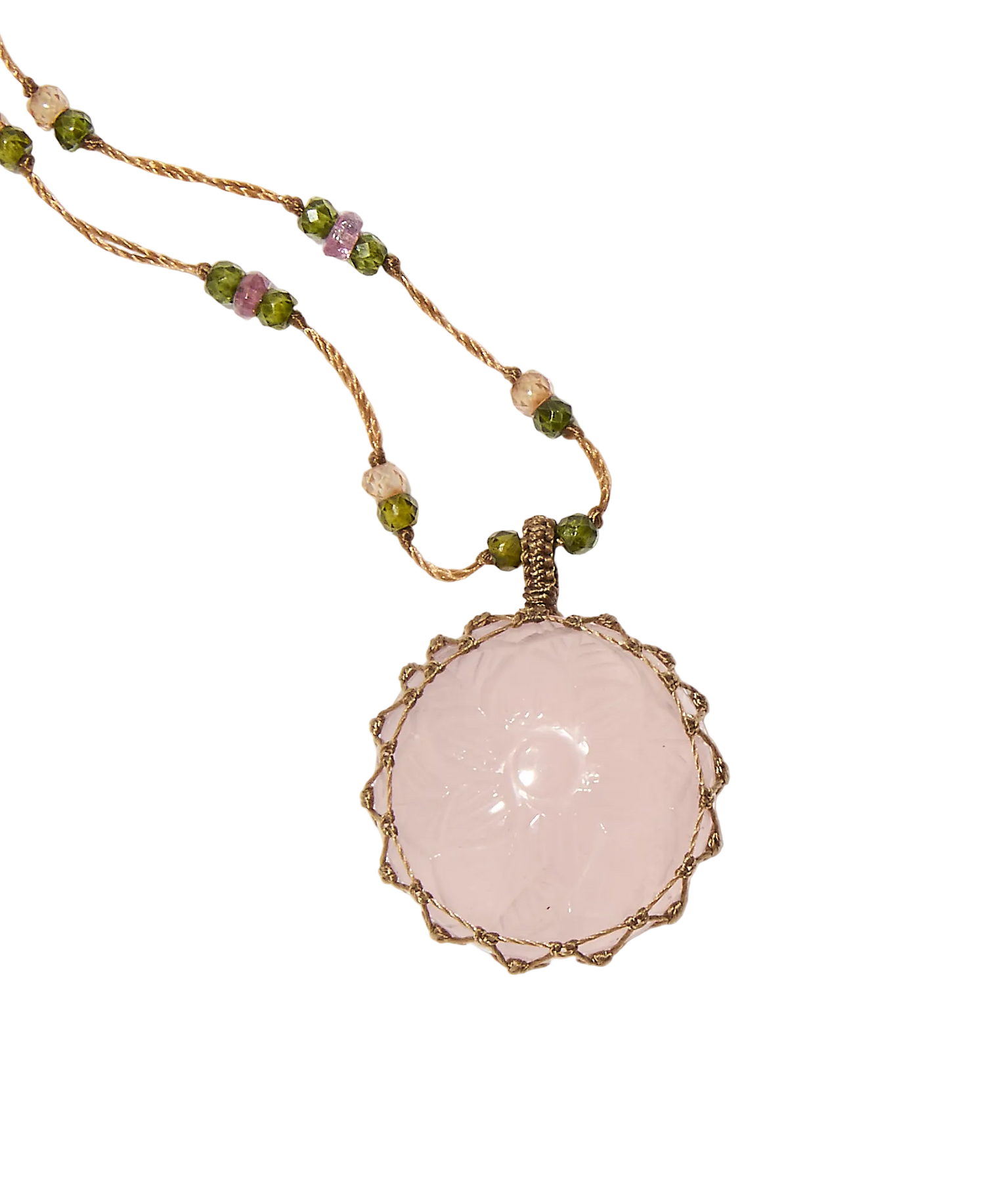 Collier court tibétain - Quartz rose Sculptée - Mix Tourmaline Rose - Fil Tabac