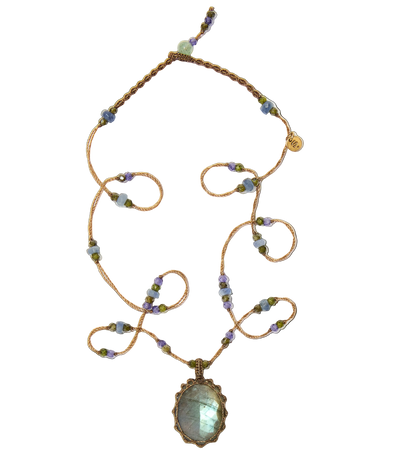 Halskette Court Tibétain - Labradorite Feu Bleu - Mix Saphir - Beige Faden