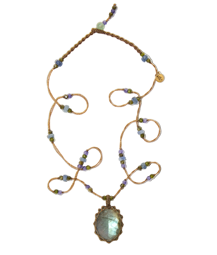 Halskette Court Tibétain - Labradorite Feu Bleu - Mix Saphir - Beige Faden