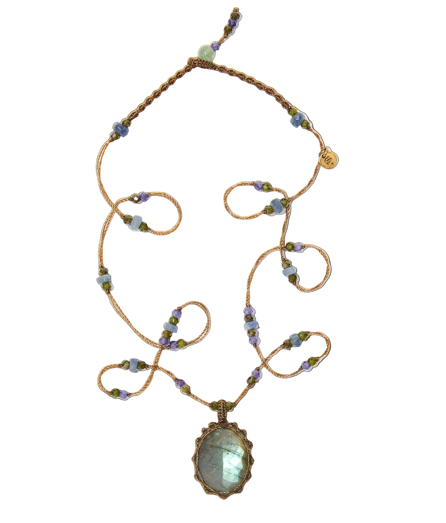 Halskette Court Tibétain - Labradorite Feu Bleu - Mix Saphir - Beige Faden