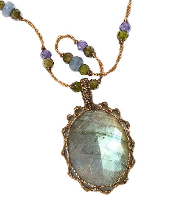 Collana Tibetana Corta - Labradorite Fuoco Verde - Zaffiro Mix - Filo di Tabacco